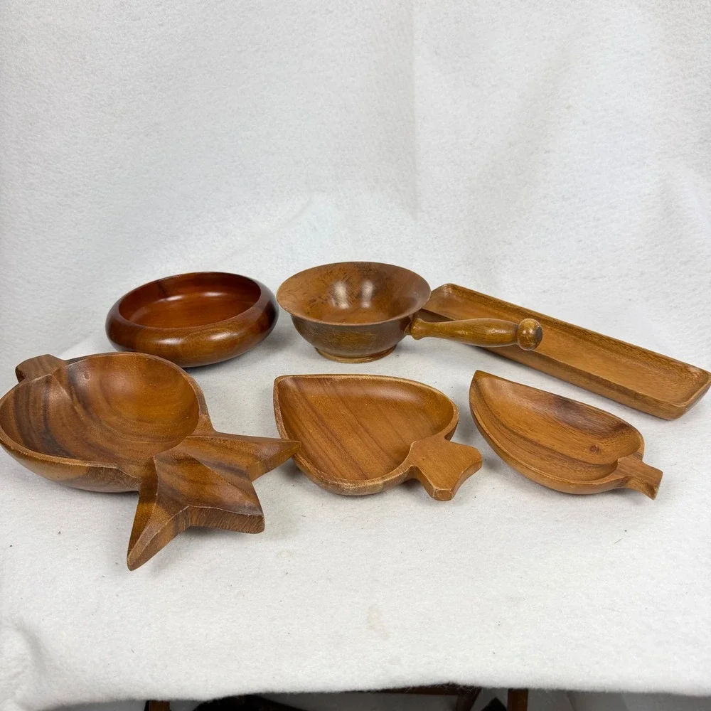Lot of 6 Vintage Monkey Pod Wood Serving Set Mid-Century Snack Bowl Decorative